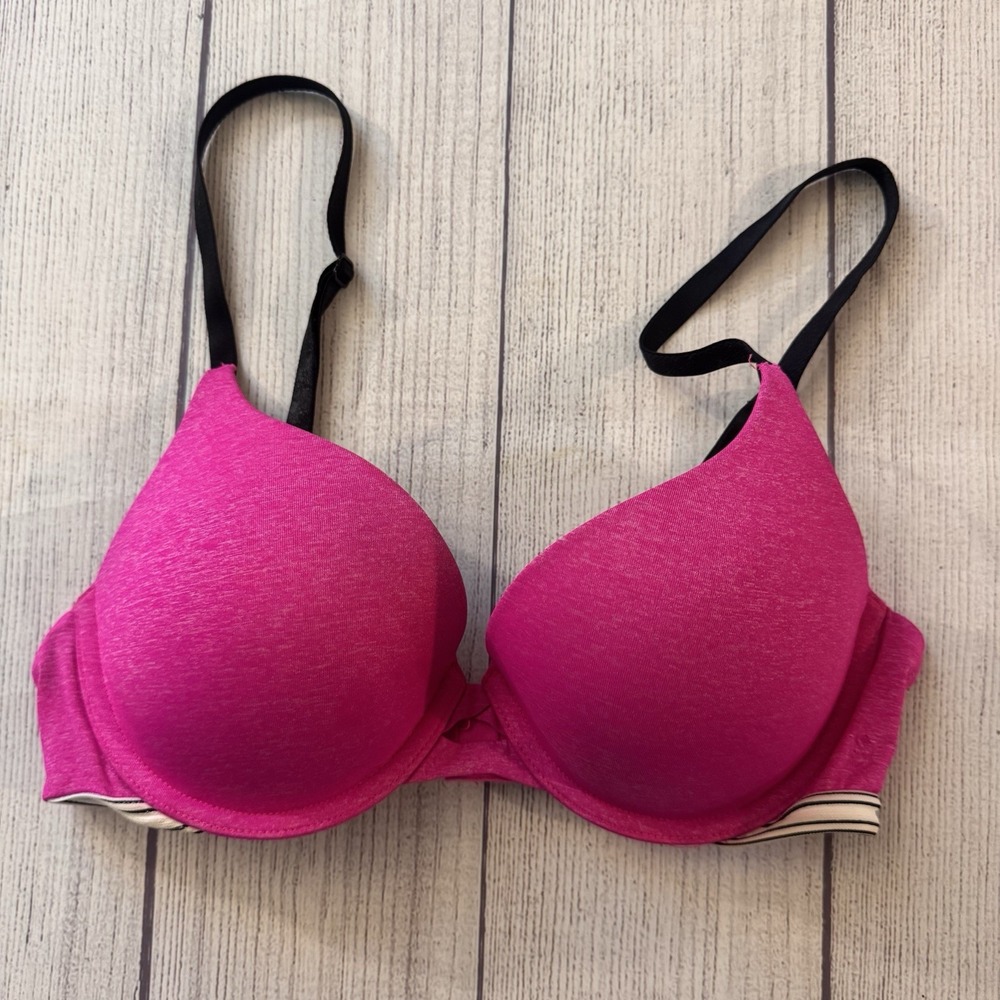 Victoria's Secret Perfect Shape Push Up Bra 34B Hot Pink Black Straps Sexy
